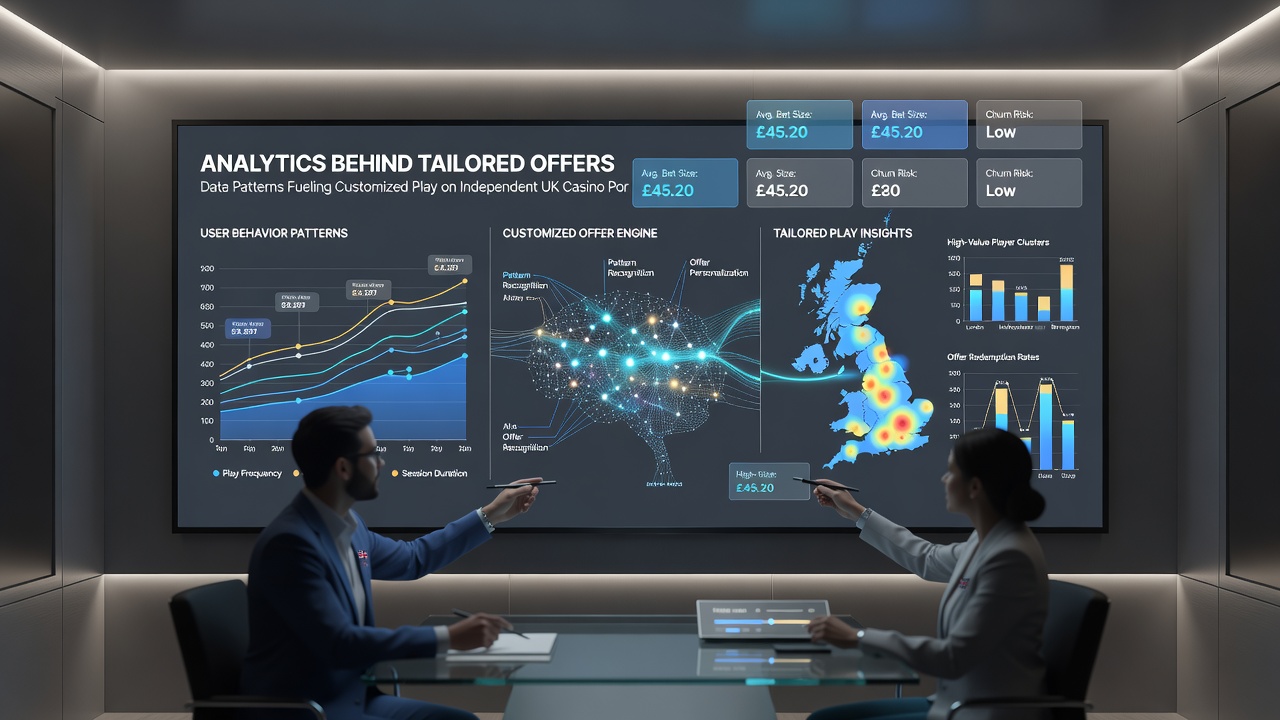 Analytics interface displaying customized bonus recommendations and segmented player data flows on UK casino platforms
