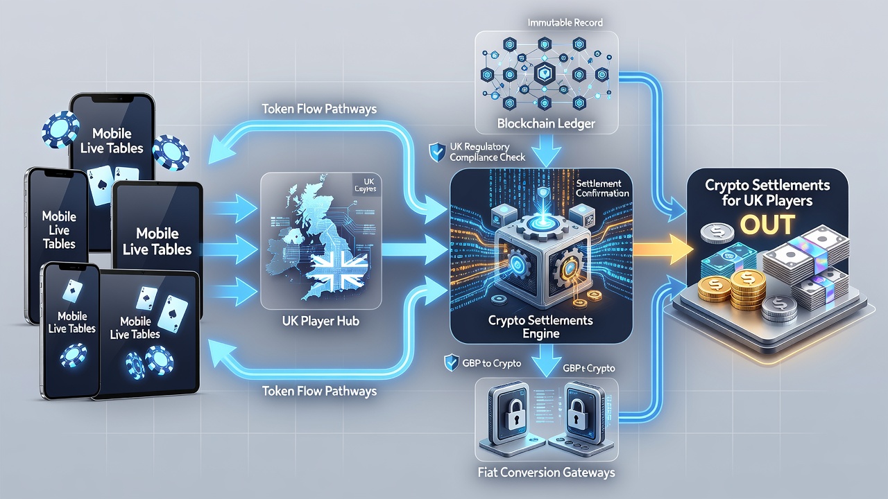 Illustration of crypto settlement process linking mobile tables and UK player accounts