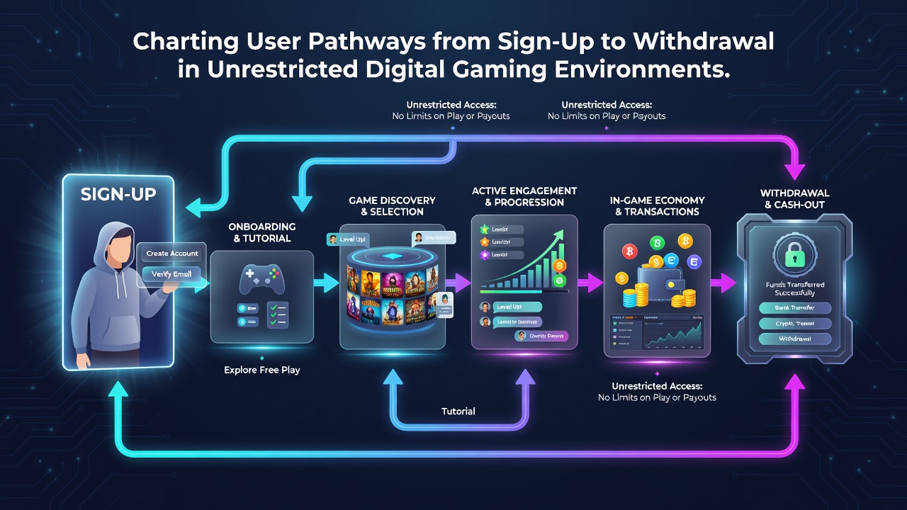 Diagram depicting deposit options, gameplay interface, and withdrawal request process in unrestricted online casinos