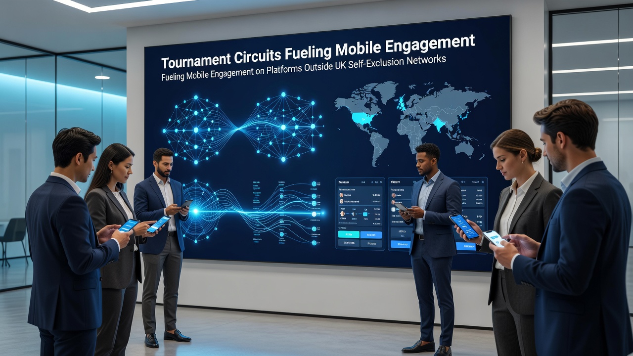 Group of players participating in a mobile tournament circuit via smartphones in a casual setting