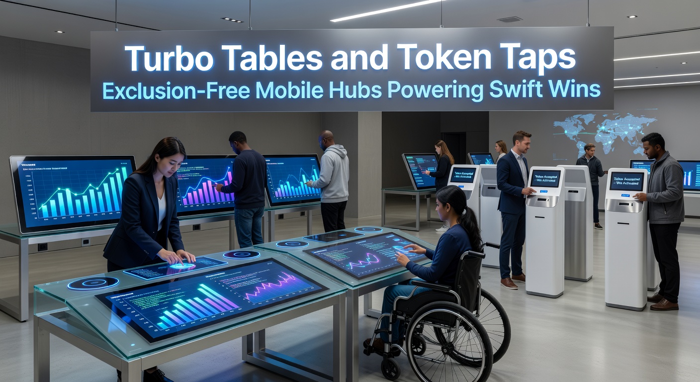 Close-up of a mobile app showing token taps with colorful tokens raining down on taps, alongside turbo table previews and swift payout notifications