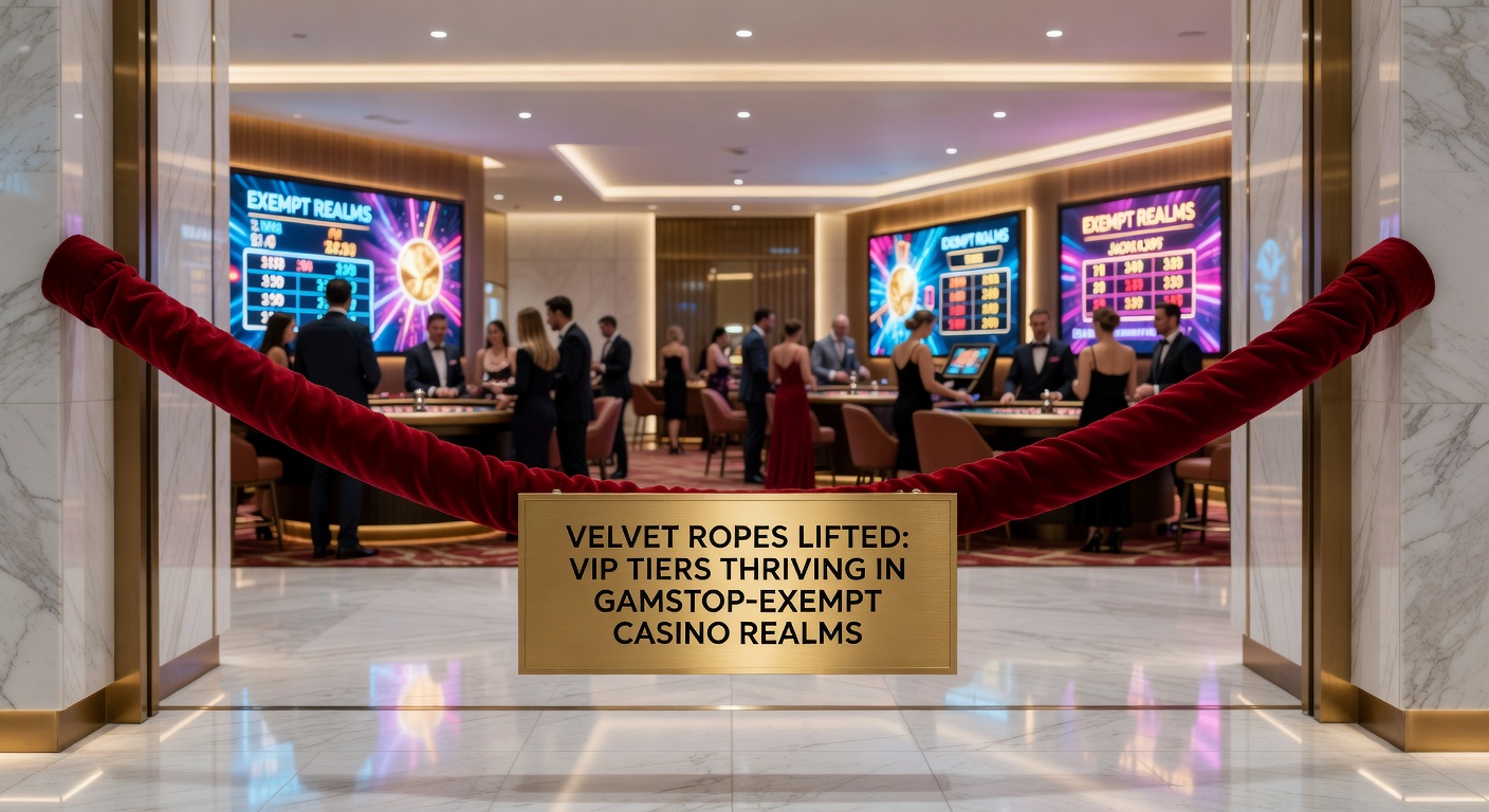 A sleek VIP lounge interior, champagne flutes clinking as players lounge on leather seats overlooking multi-screen live dealer setups and jackpot meters ticking upward